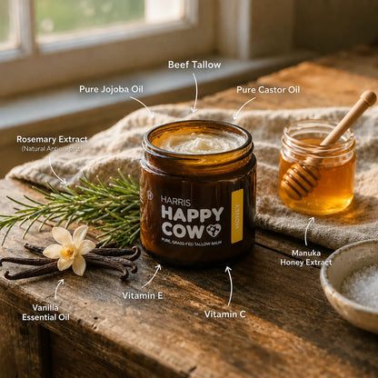 Harris Happy Cow Manuka Honey Grass-Fed Beef Tallow Moisturizer | Deep Hydration for Dry Skin | Made with Manuka Honey Extract | Handcrafted in Idaho | 2Oz