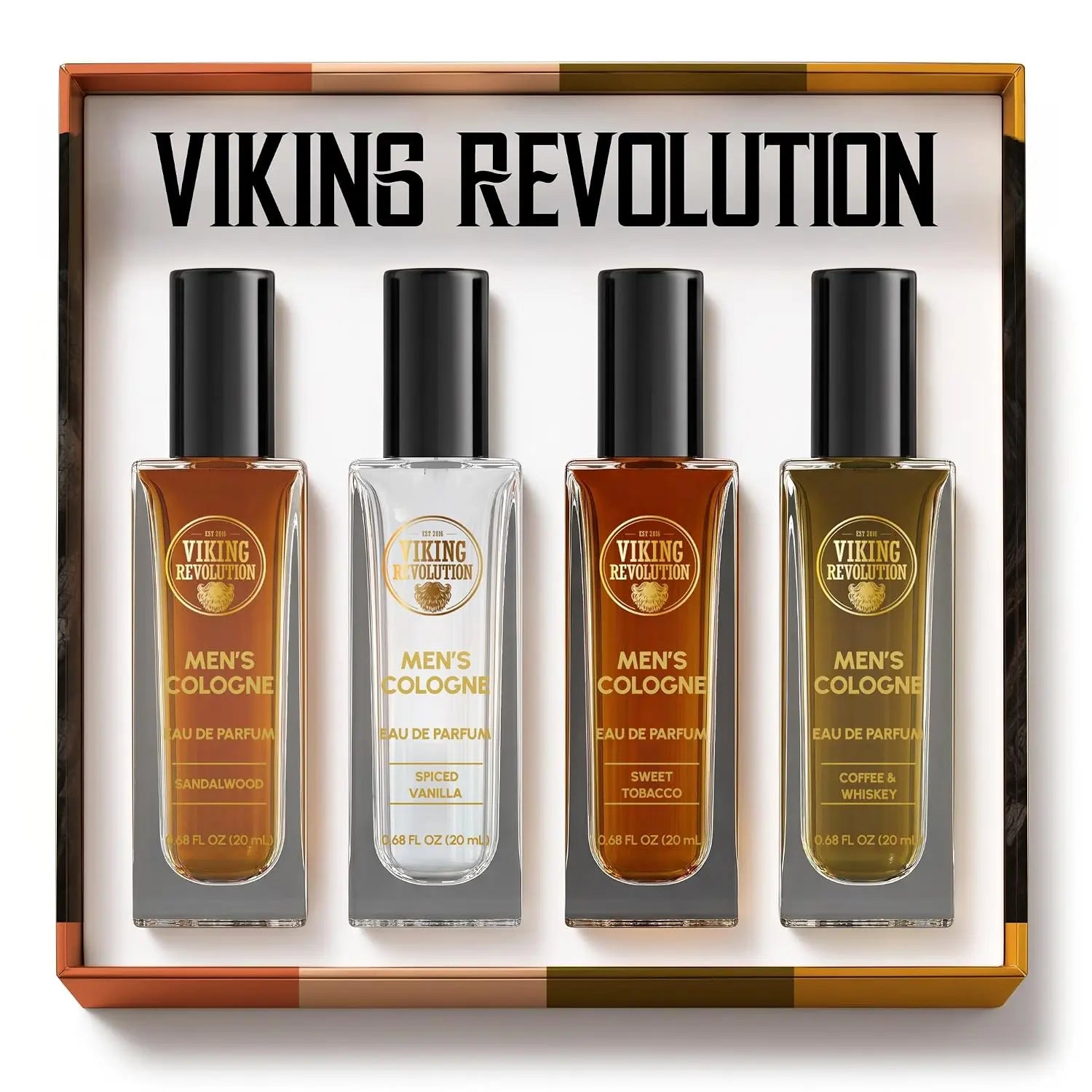 Viking Revolution Mens Cologne Sampler Sets - Travel Size Cologne for Men with Sandalwood, Spiced Vanilla, Coffee & Whiskey, Sweet T - Perfume Gift Set (4 Pack, 0.68Fl Oz Each)