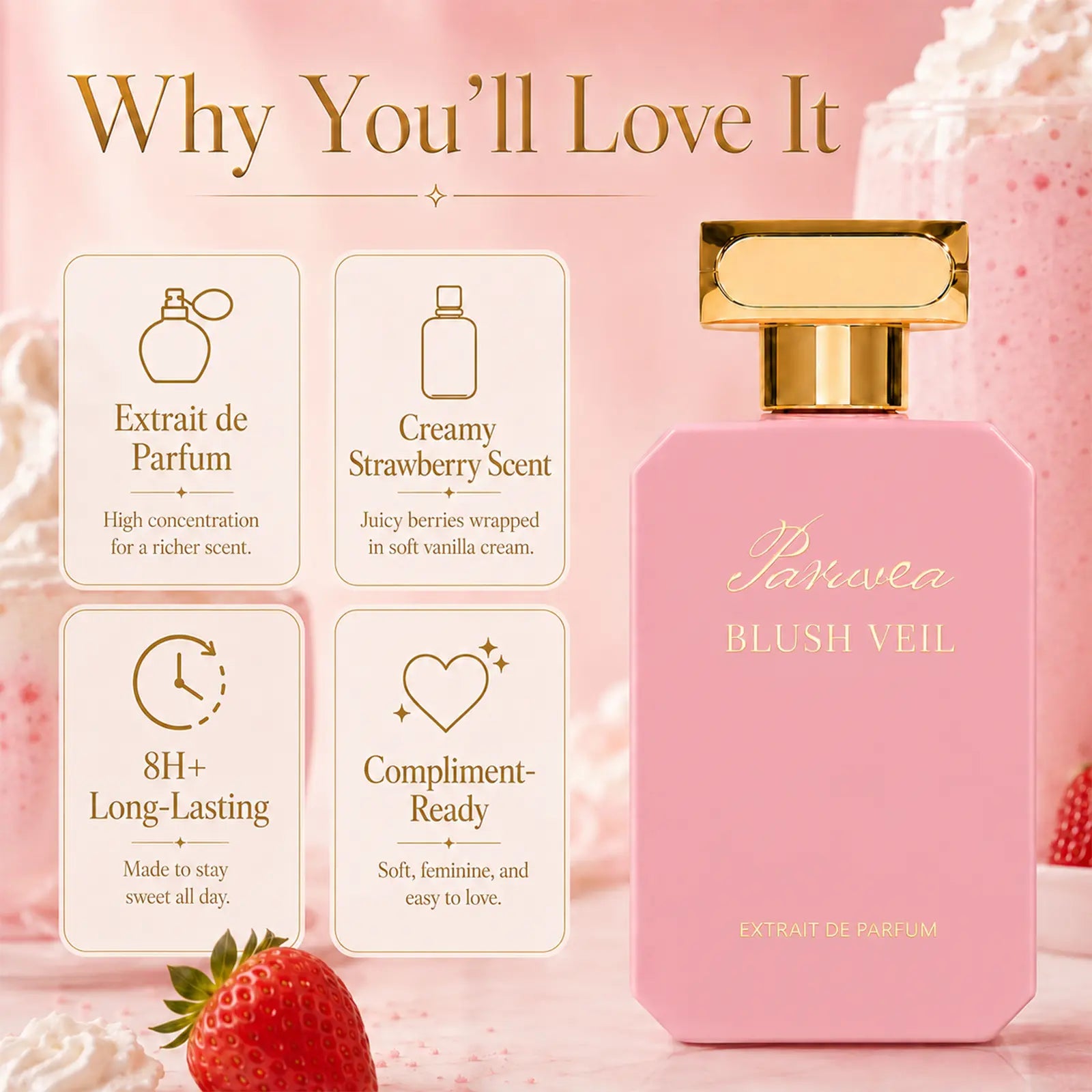 Paruvea Blush Veil Extrait De Parfum | Sweet Creamy Strawberry Milkshake | Blackberry Vanilla Jasmine | Soft Feminine Fruity Floral Perfume 100Ml (3.4 Fl Oz)