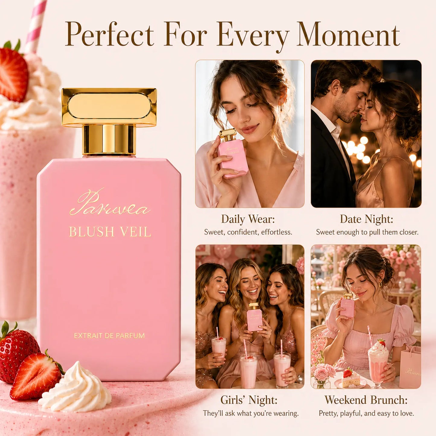 Paruvea Blush Veil Extrait De Parfum | Sweet Creamy Strawberry Milkshake | Blackberry Vanilla Jasmine | Soft Feminine Fruity Floral Perfume 100Ml (3.4 Fl Oz)
