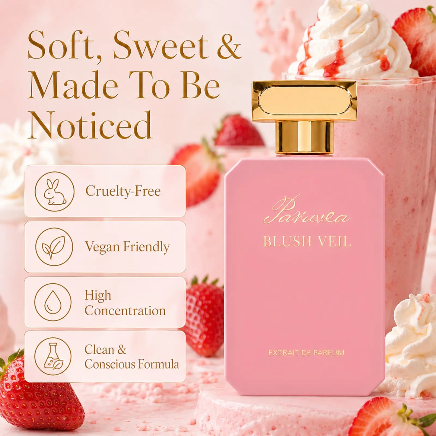 Paruvea Blush Veil Extrait De Parfum | Sweet Creamy Strawberry Milkshake | Blackberry Vanilla Jasmine | Soft Feminine Fruity Floral Perfume 100Ml (3.4 Fl Oz)
